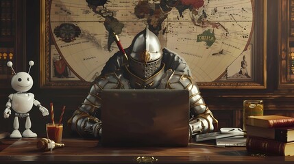 Knight in armor with a laptop on the table, Generative AI illustrations.