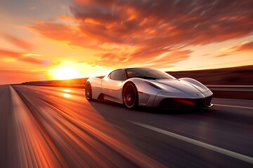A sleek silver sports car speeds down an empty highway, its tires hugging the curves of the road. The sun sets behind it, casting a warm glow on the asphalt. - Powered by Adobe