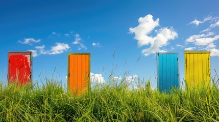 Sunny day adventure: Vibrant doors stand amidst the grassy expanse, beckoning to those seeking new experiences on a summer day.