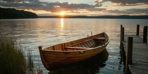 Sundown tranquility: A traditional wooden boat sits by the old dock, bathed in the soft light of the setting sun over the lake. 