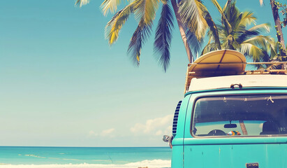 Vintage retro summer travel concept, vintage blue van with surfboard on the roof standing near palm trees at the beach. Retro filter effect. In the style of vintage photography