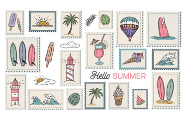 Summer icon set, hand drawn illustration.	
