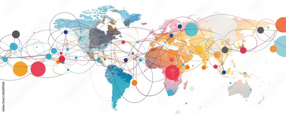Poster colorful abstract representation of global connections and currency exchange across a world map