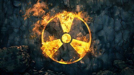 Black and orange circle with a burning radiation hazard symbol warns of danger