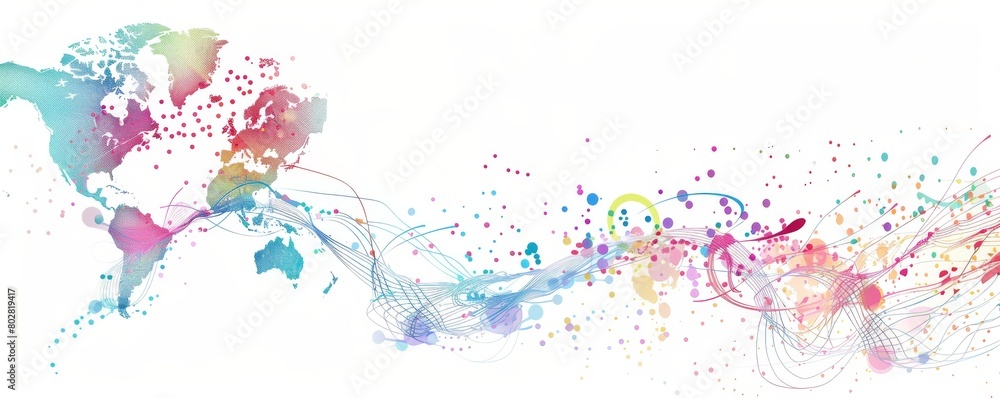 Poster colorful world map with dynamic connections illustrating global communication and business