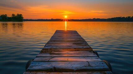 Sunset solitude: A weathered dock juts out into the calm waters of the lake, offering a solitary retreat to watch the sunset. 