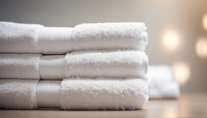 Light white spa towels pile, bath towels lying in a stack on light white peaceful background
