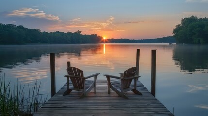 Fototapeta premium Tranquil evening at the lake: An aged wooden dock offers a peaceful vantage point to watch the sunset over the shimmering waters. 