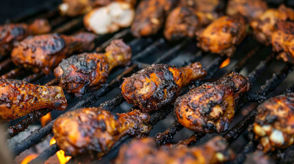 Authentic jamaican jerk chicken legs grilling over an open flame, highlighting classic caribbean flavors and outdoor barbeque methods