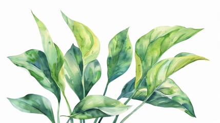 Elegant arrangement of vibrant green watercolor plants, each leaf carefully rendered and isolated on a white backdrop to enhance the vivid colors
