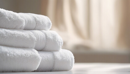 Light white spa towels pile, bath towels lying in a stack on light white peaceful background
