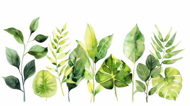 Elegant arrangement of vibrant green watercolor plants, each leaf carefully rendered and isolated on a white backdrop to enhance the vivid colors