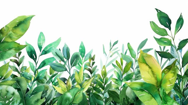 Elegant arrangement of vibrant green watercolor plants, each leaf carefully rendered and isolated on a white backdrop to enhance the vivid colors