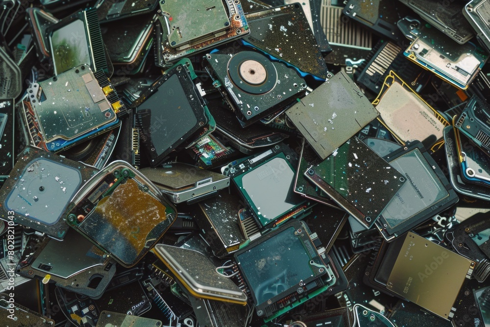 Poster a pile of electronic devices stacked on top of each other. suitable for technology concepts