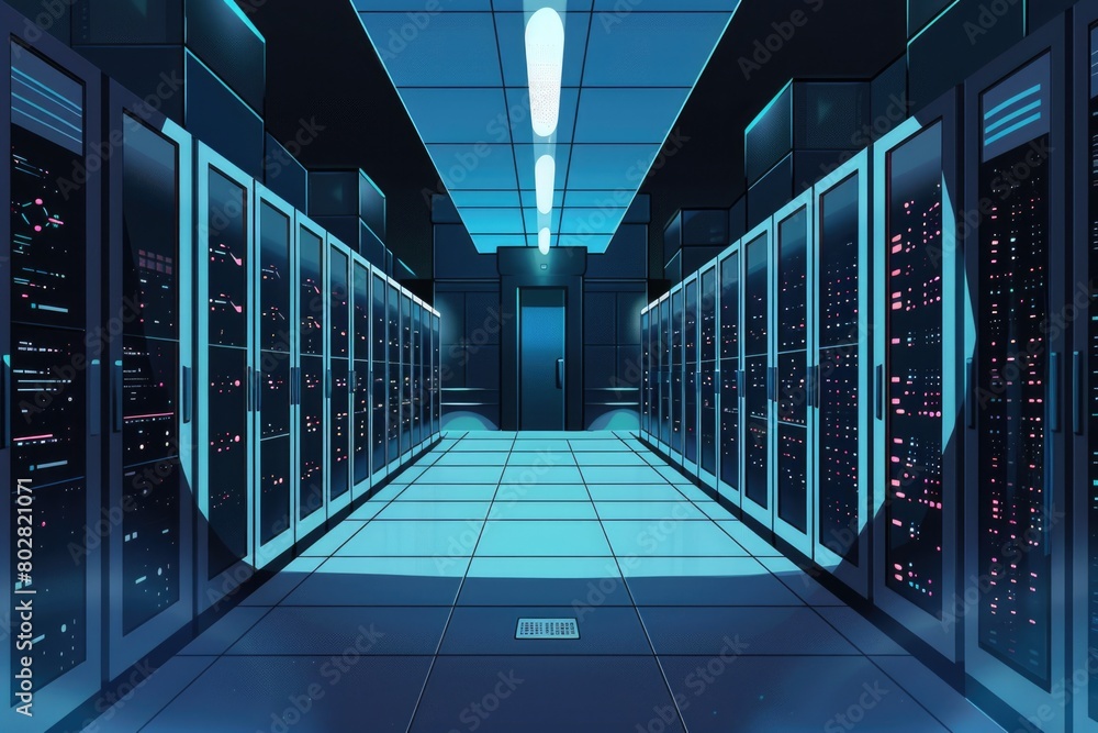 Poster a row of servers in a server room, ideal for technology concepts