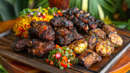 Caribbean feast: jamaican jerk chicken and pork skewers with tropical sides, served on a rustic wooden board