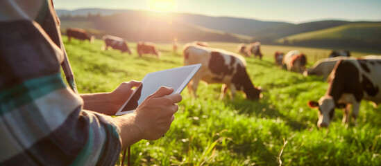 young farmer use tablet in the cow farm