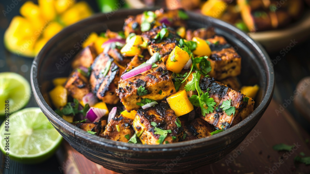 Wall mural Rustic bowl of jamaican jerk chicken with mango salsa and herbs, showcasing the vibrant flavors of caribbean cuisine - Wall murals