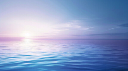 A peaceful dawntime seascape with a gradient sky that reflects on calm waters and changes from deep blue to gentle lavender.
