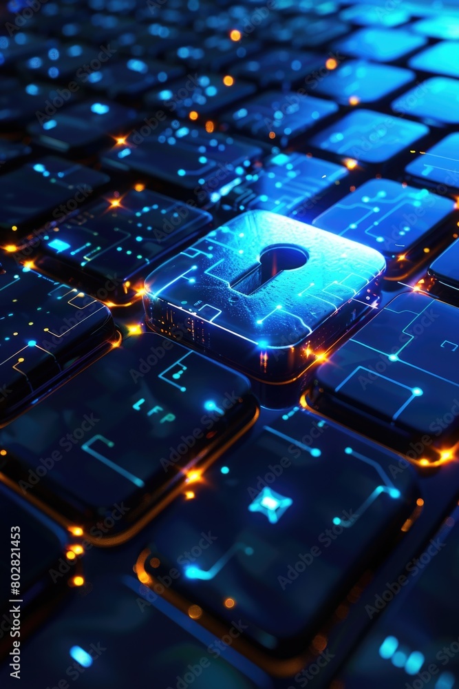 Poster close up of a keyboard with a padlock, suitable for cybersecurity concepts