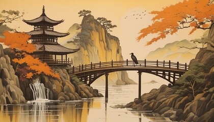 Asian, ((ink painting)), bridge, dripping ink, cliff, waterfall, muted colors, orange