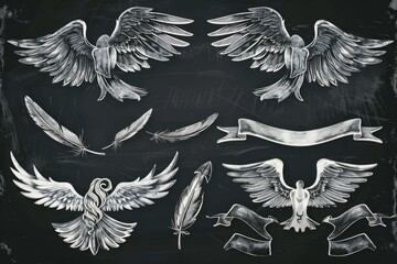 Colorful chalk drawings of various birds on banners