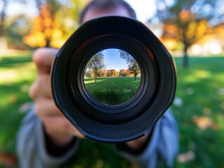 A creative view through a camera lens held by a person, showing a crisp image of an autumn park.
