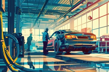 A man standing next to a car in a garage. Perfect for automotive industry promotions