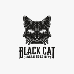 Hand drawn black cat vector logo illustration template on white background