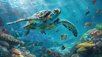 turtle and fish swim underwater. By looking from the side.