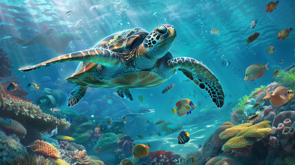Obraz premium turtle and fish swim underwater. By looking from the side.