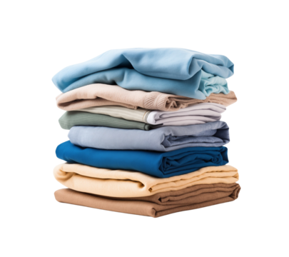 Neat stack of folded clothing in various colors, isolated on transparent background. Generative AI