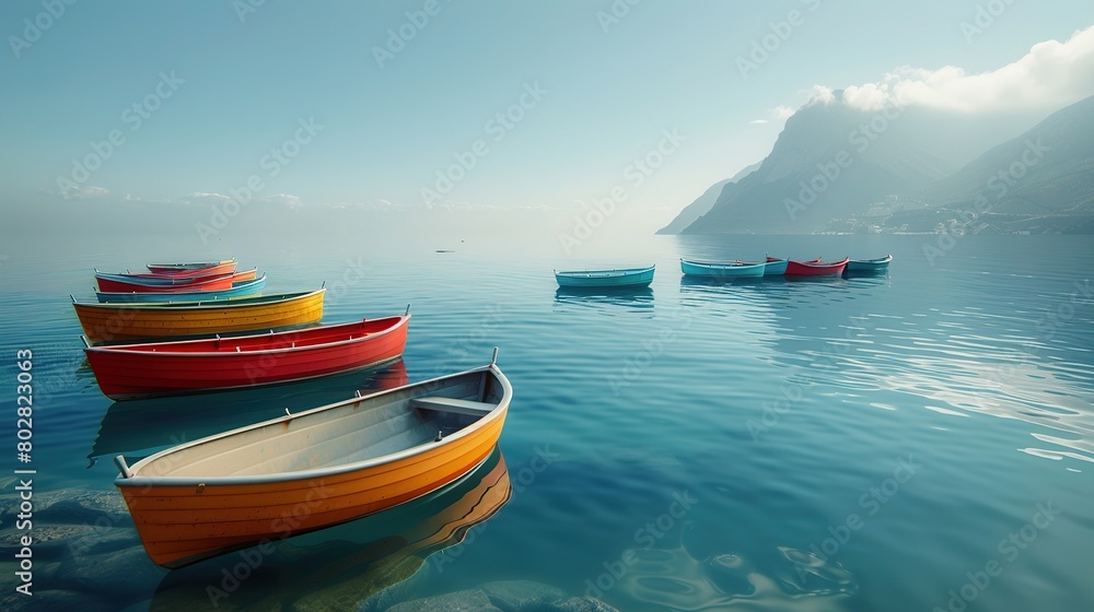 Wall mural dreamy seascape with colorful boats floating on calm waters - Wall murals