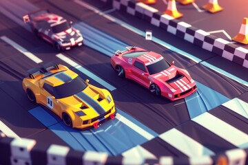 A group of toy cars on a race track. Suitable for children's toy advertisements