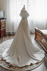 A white dress is on display in a bedroom. The dress is long and flowing, and it is placed on a rug....