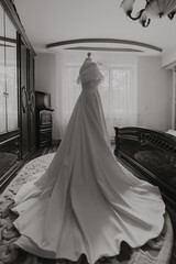 A woman's wedding dress is on display in a room with a large window. The dress is long and flowing, and it is the main focus of the image. The room is decorated with a rug and a bed