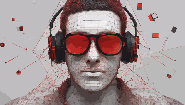 Portrait eines Mannes mit einer roten Sonnebrille. Er h&ouml;rt Musik und ist ein Trendsetter und Influenzer, verk&ouml;rpert in sich Manpower und St&auml;rke. Vektor - Plakat