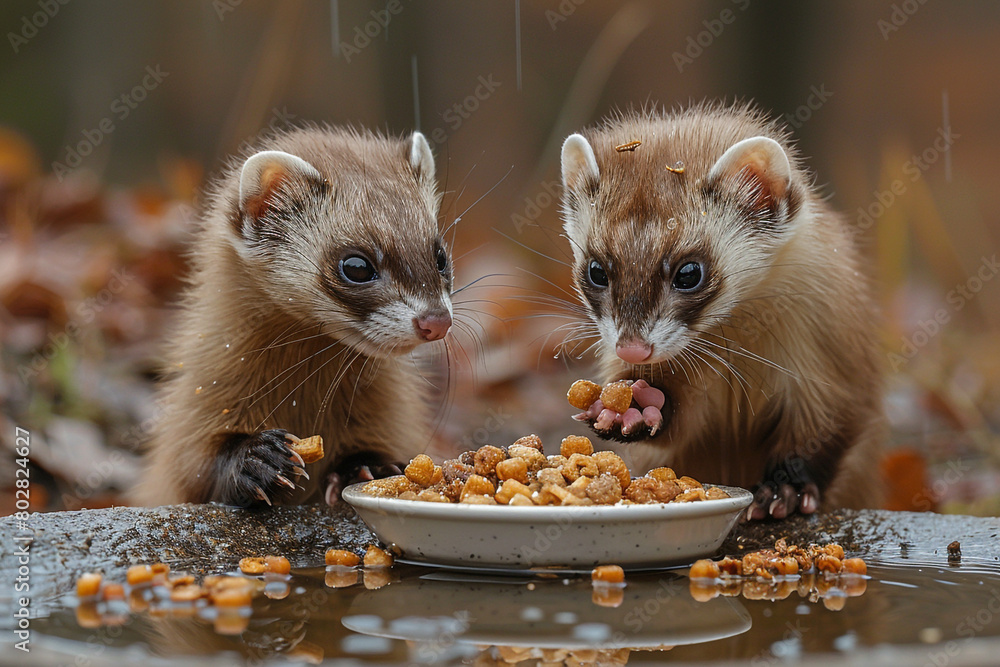 Wall mural A pair of playful ferrets gleefully diving into a dish of crunchy treats, tails wagging in excitement. - Wall murals