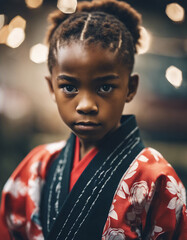 Portrait of a black American karate child in kimono, blurry background


