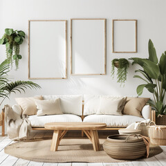 farmhouse interior living room, gallery wall frame mockup in white room with wooden furniture and lots of green plants, 3d render