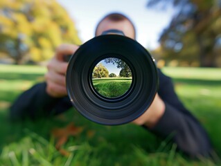 Man holding a camera lens with a clear, focused view of a tree in a park, symbolizing vision and focus.