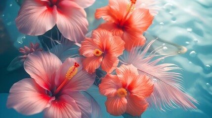 Tropic flowers and feathers on water