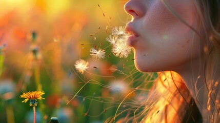 A woman is joyfully blowing dandelions in a field, creating a fun gesture in closeup macro photography. The delicate plants form a circle, resembling a beautiful piece of art AIG50