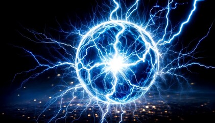 Blue and White Energy Orb with Lightning on a Dark Background