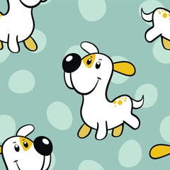Vector seamless repeating childish pattern with cute dogs in doodle style. Animals background with dog, pets, puppy for invitation, poster, card, flyer, textile, fabric