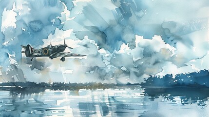 Artistic watercolor depicting a Hawker Hurricane flying above a serene lake, fluffy white clouds reflecting in the water, evoking a peaceful era of aviation