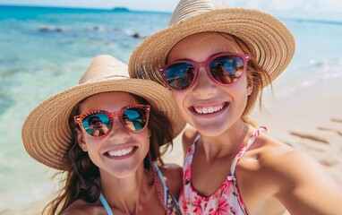 Mother and daughter taking holiday selfies on the beach in summer 