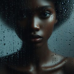 portrait of a young age african woman made of raindrops on the window, low light,  Minimalist photography