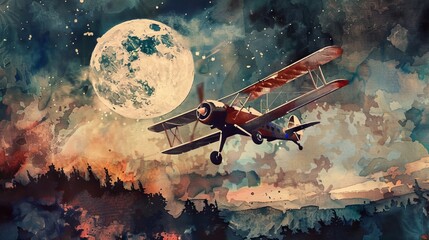 Artistic watercolor depicting a retro propeller aircraft flying high above a moonlit landscape, evoking the romance of early aviation