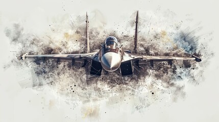 Naklejka premium Artistic watercolor depiction of a classic fighter jet in flight, detailed with subtle shading on a pure white canvas, ideal for nursery art